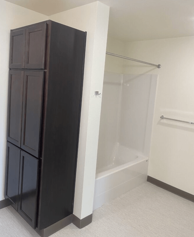 a bathroom with a shower and a cabinet in it