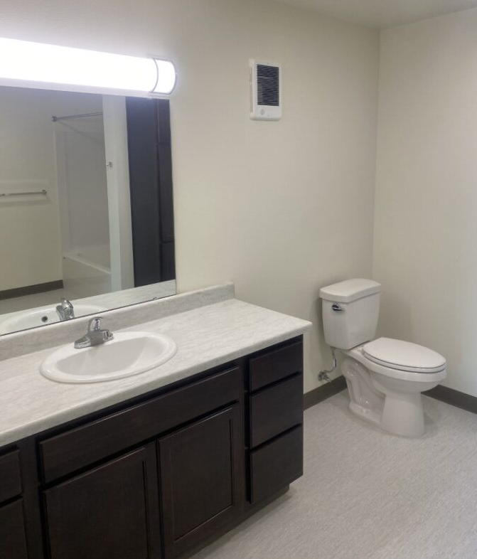 a bathroom with a sink toilet and a mirror