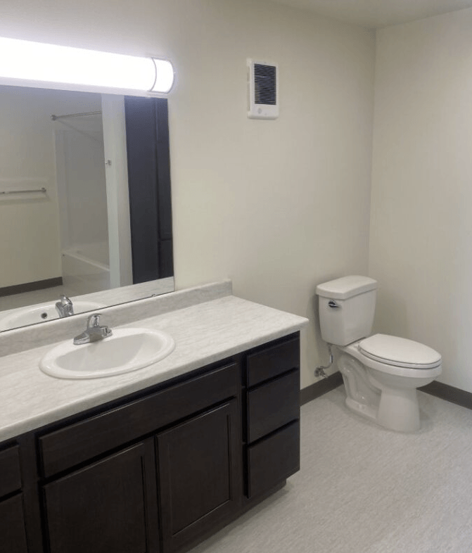 a bathroom with a sink toilet and a mirror