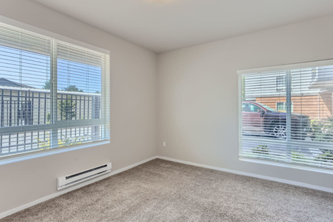 A room with a window and a carpeted floor.