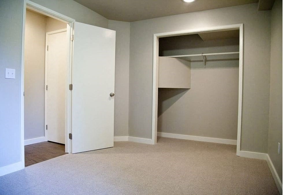 A white door is open to a room with a closet.
