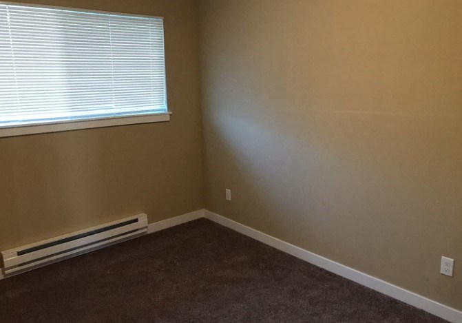 an empty room with a window and a brown carpet