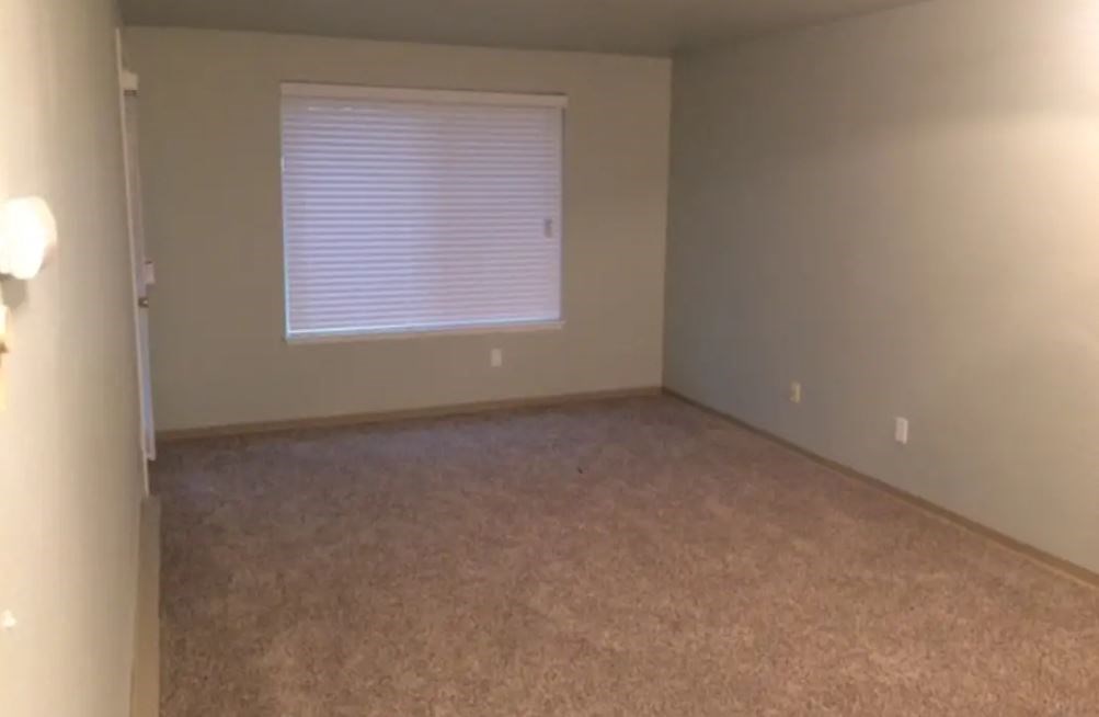an empty room with a window and a beige carpet