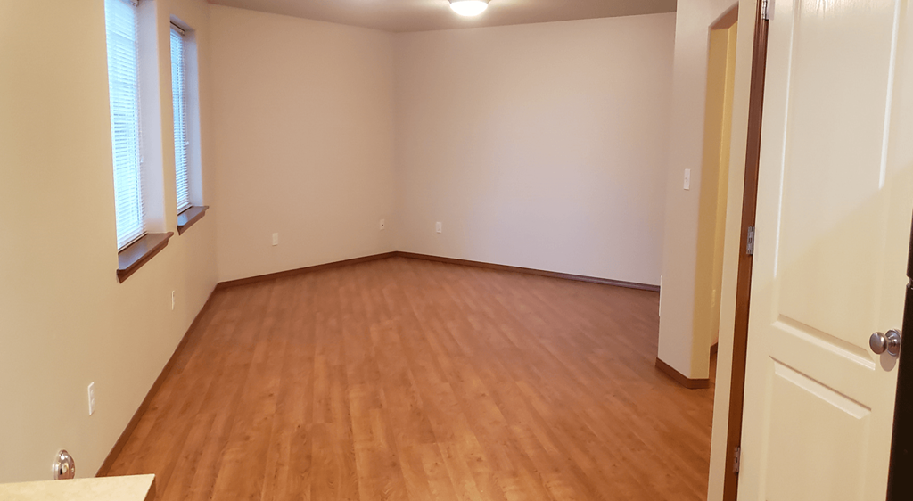 an empty room with a wooden floor and two windows