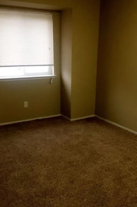 a room with a window and a brown carpet