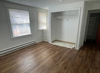 an empty room with a wood floor and a closet