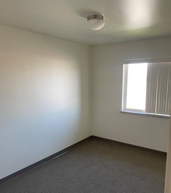 an empty room with a window and a carpet