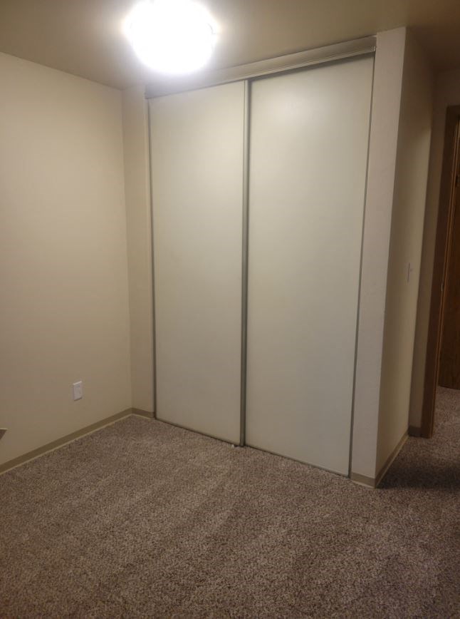 a room with a carpeted floor and a closet