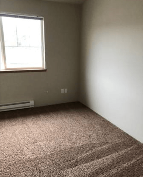 an empty room with a window and a carpet
