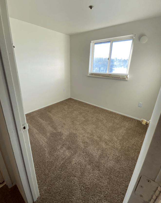a room with a carpeted floor and a window