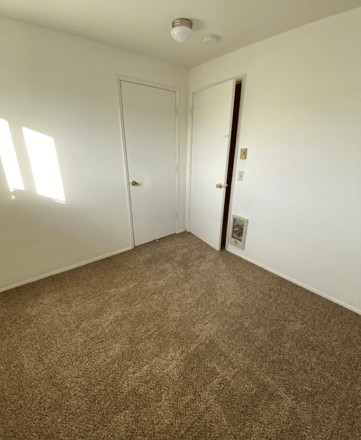 a room with a carpet and a door to a closet