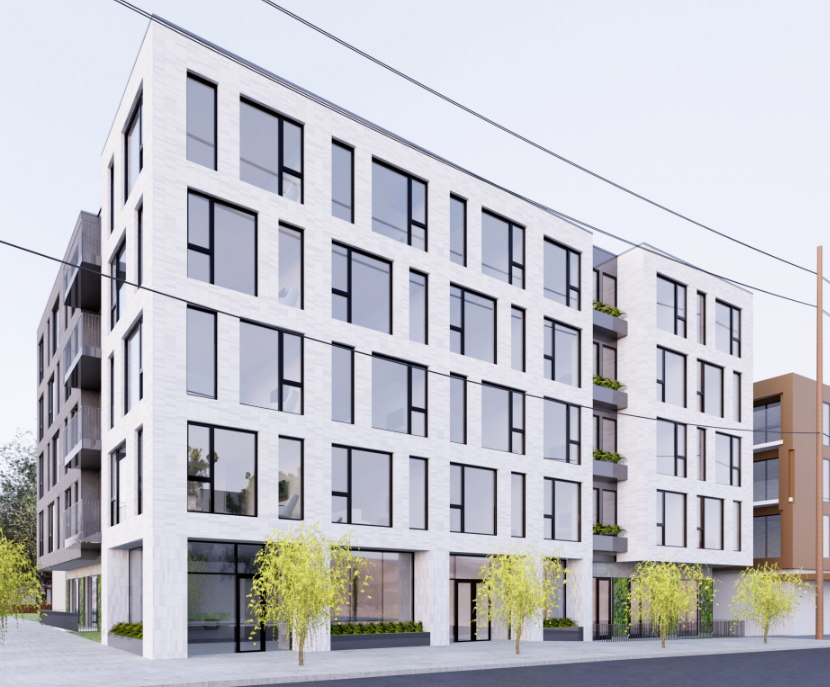 a rendering of an apartment building on a city street