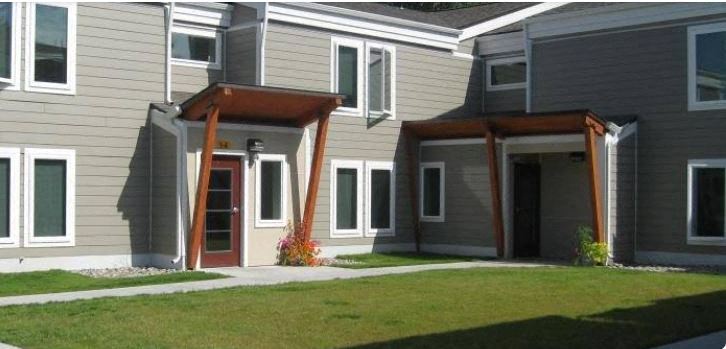 a row of houses with a lawn in front of them