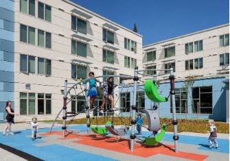 people playing on a swing set in a playground