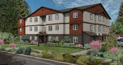 a rendering of a three story apartment building with a street in front of it