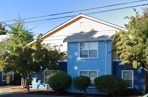 a blue house with three trees in front of it