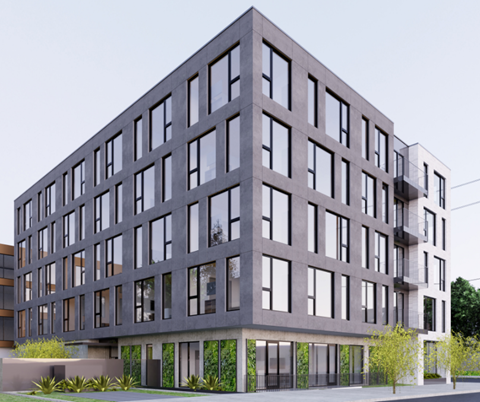 a rendering of a large grey building with many windows