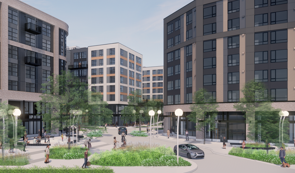 a rendering of a city street with tall buildings