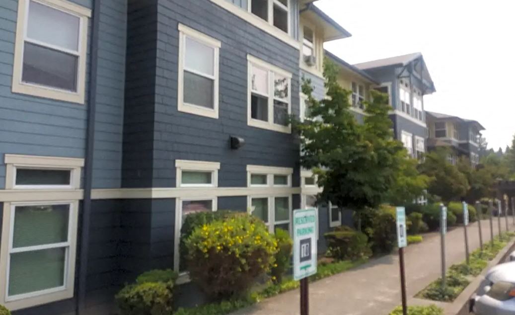 a blue house with a parking meter in front of it