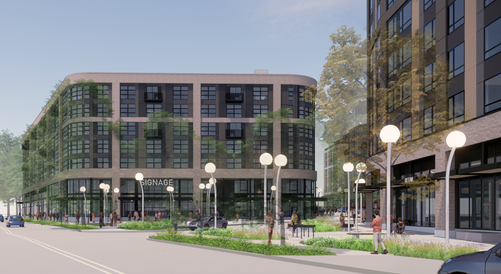 a rendering of a city street with a building in the background