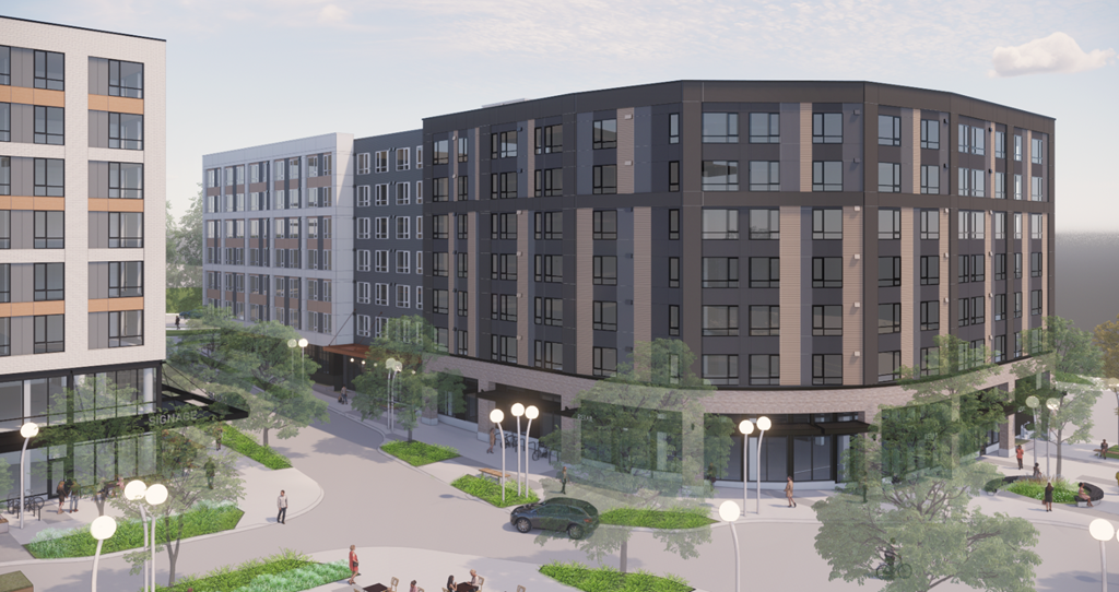 a rendering of a large building with a street view of other buildings