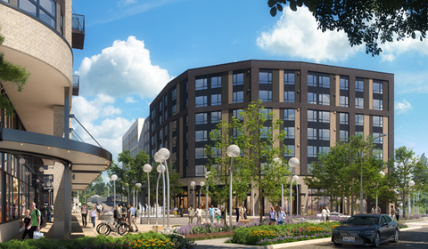 a rendering of a city street with a building in the background