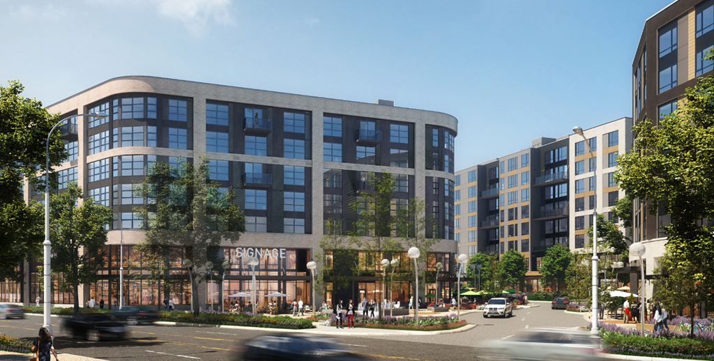 a rendering of a large building on a city street