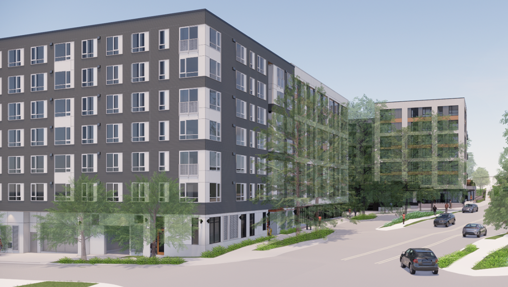 a rendering of a four story apartment building on a city street