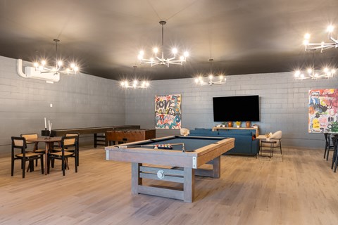 a game room with a pool table and a tv