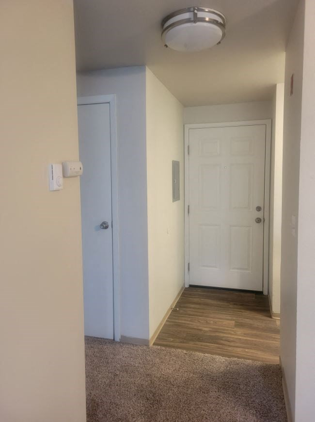 a hallway with a white door and a door to a closet