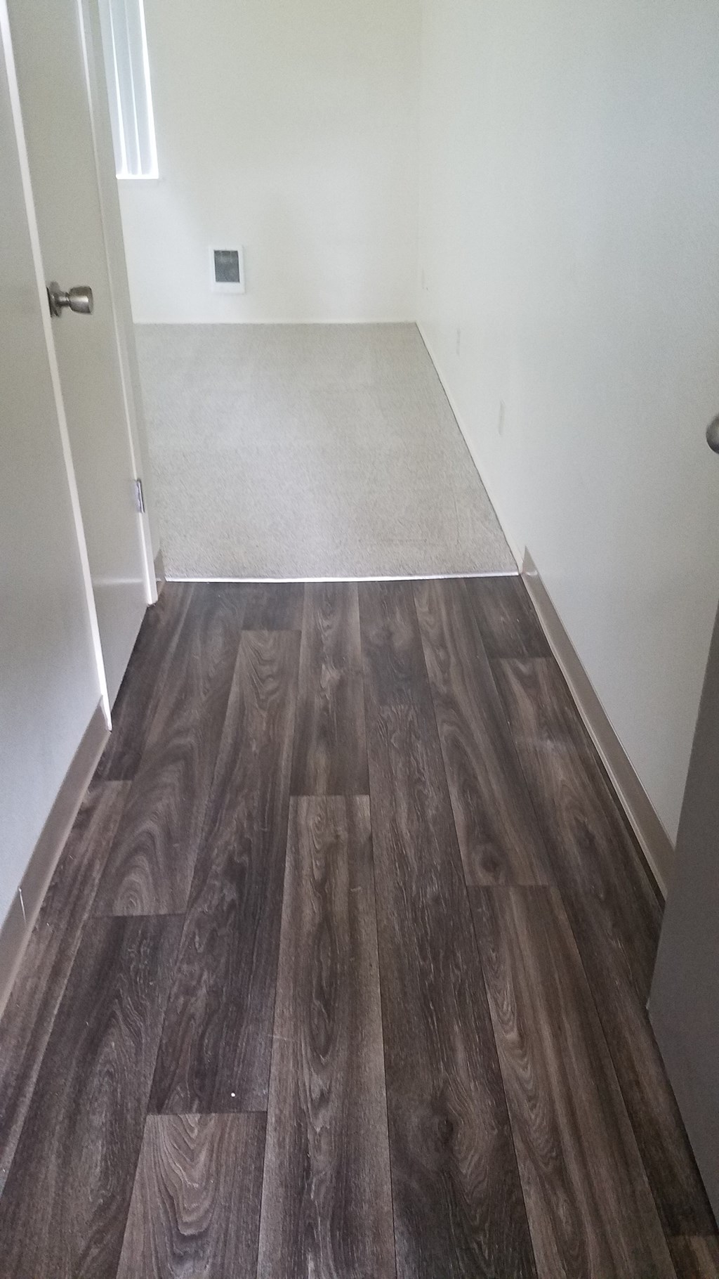 A hallway with a wooden floor and a white door.