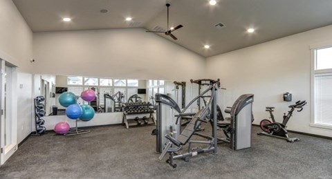 A spacious home gym with a variety of exercise equipment.