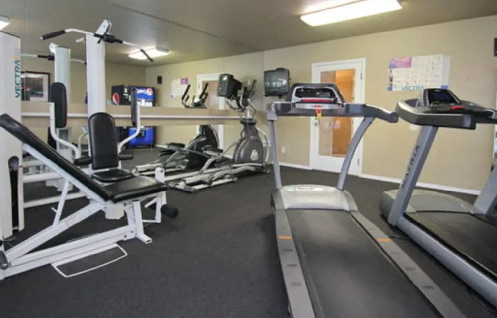 a gym with cardio equipment and weights in a building