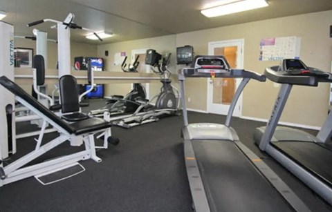 a gym with cardio equipment and weights in a building