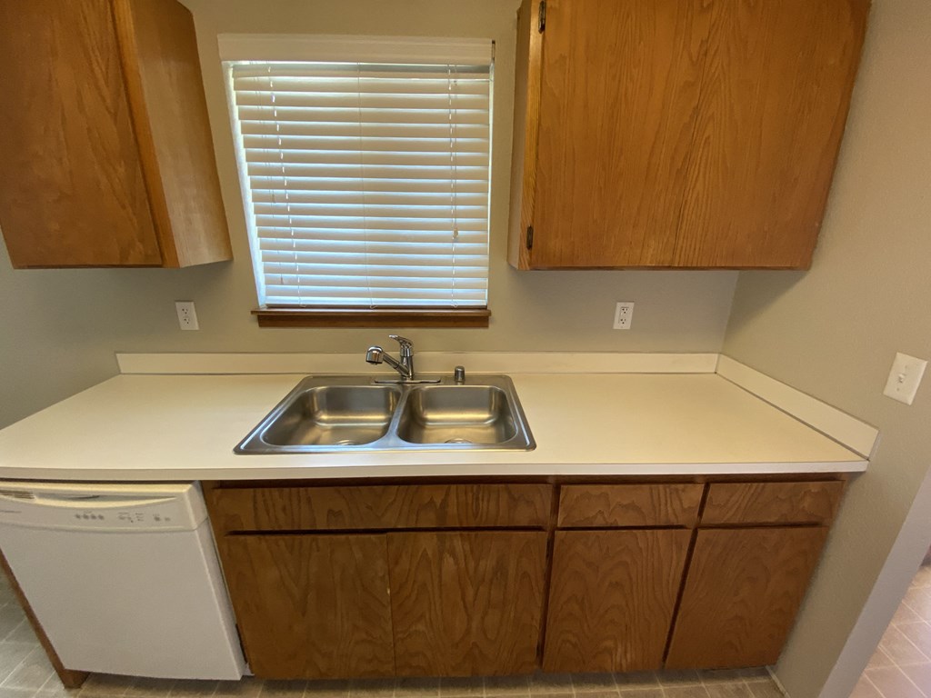 a kitchen with a sink and cabinets and a window