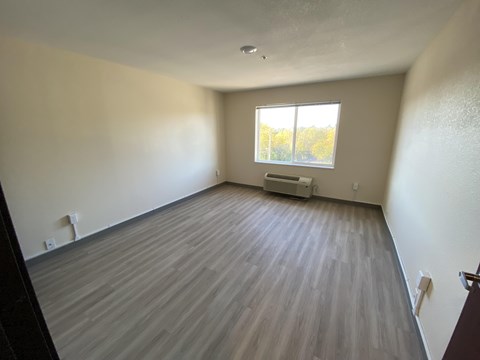 A room with a window and a radiator on the wall.
