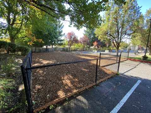 A black fence surrounds a playground with a white line painted on the ground.