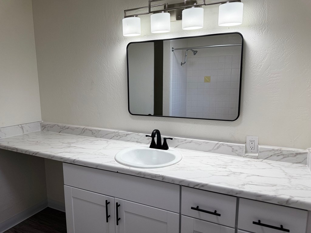 A bathroom with a marble countertop and a round sink.