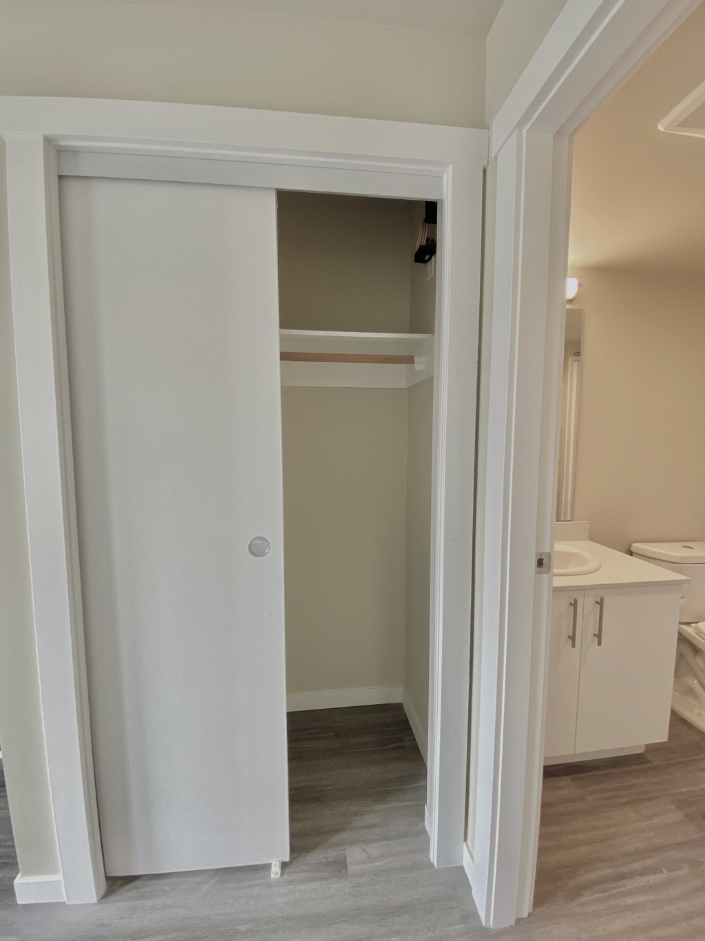 the view of the bathroom from the living room with the closet door open