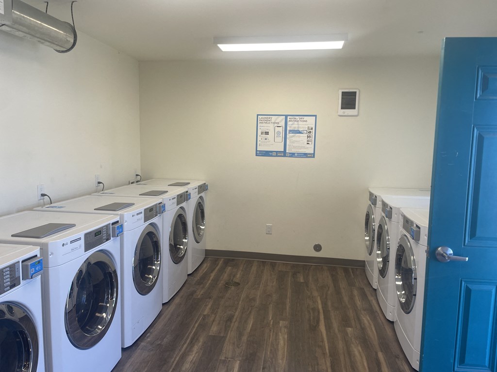 a washer and dryer room with a row of washing machines