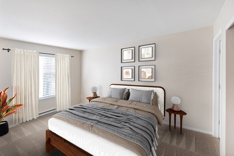 A bedroom with a large bed and a plant on the floor.