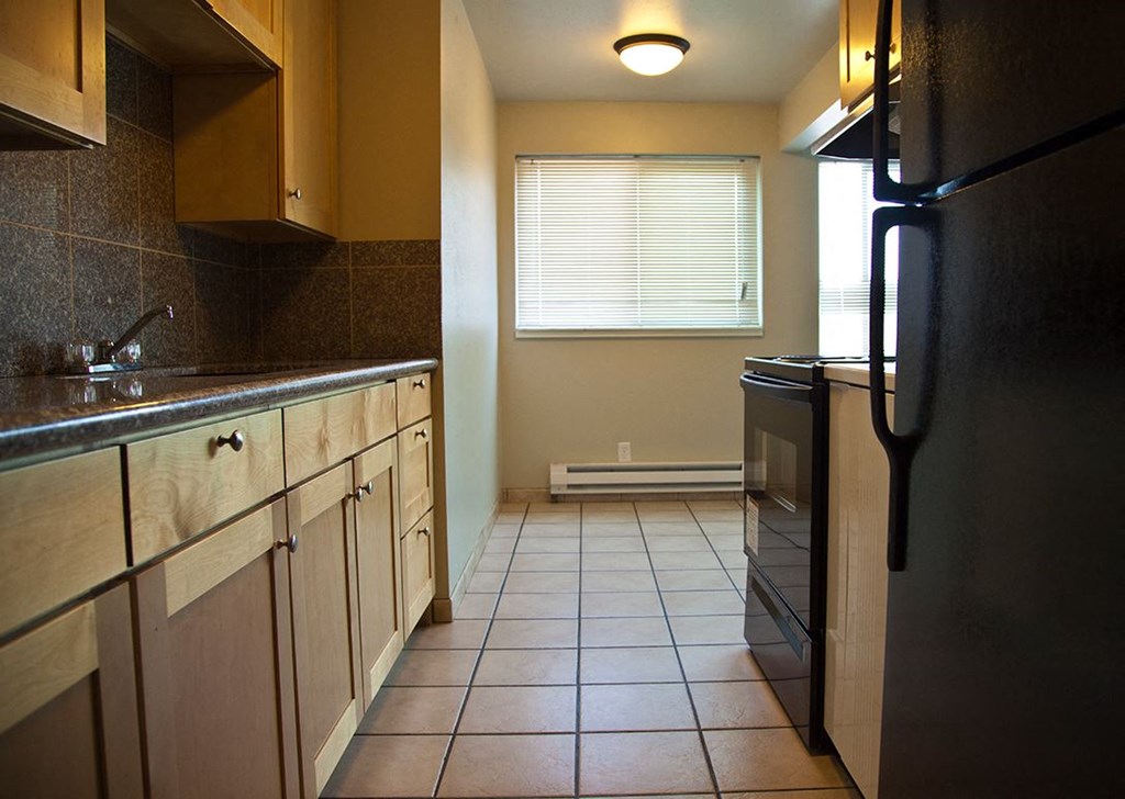 a kitchen with a black refrigerator and a sink
