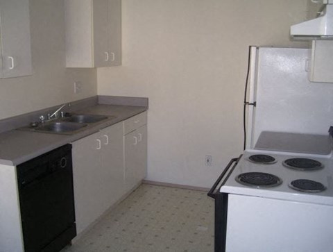 a kitchen with a stove and a sink and a refrigerator