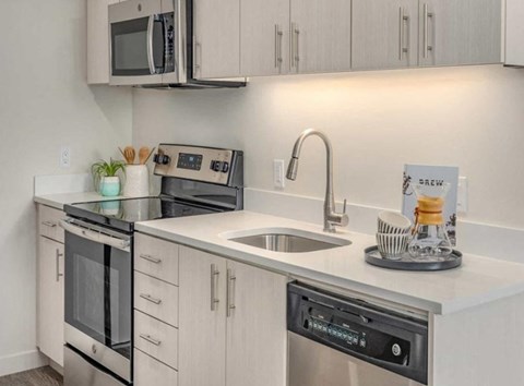 A kitchen with a stainless steel dishwasher and a white countertop.