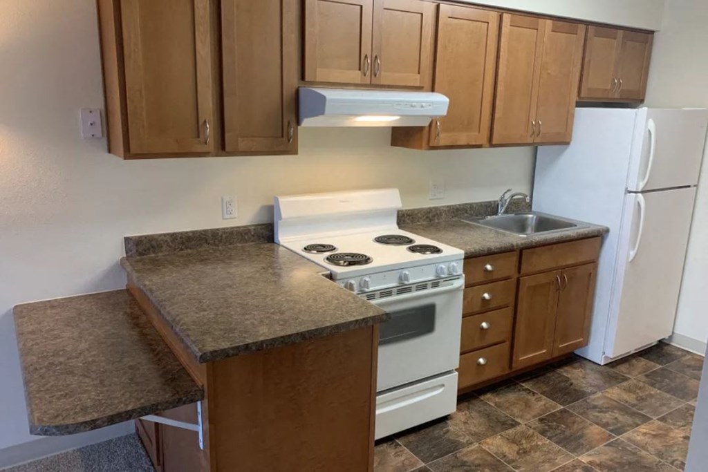 a kitchen with a stove sink and refrigerator