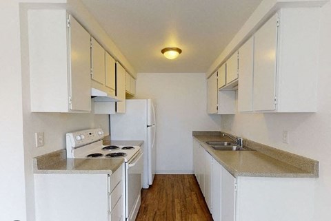 a white kitchen with a stove and a sink