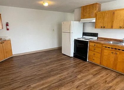 a kitchen with a stove refrigerator and a sink