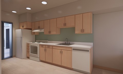 A kitchen with wooden cabinets and a white refrigerator.
