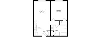 A floor plan of a small apartment with a living room, bedroom, kitchen, and bathroom.
