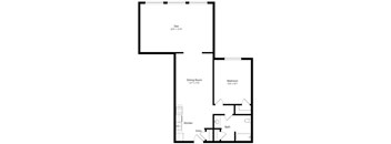 A black and white image of a floor plan for a house with a den, dining room, kitchen, bathroom, and bedroom.